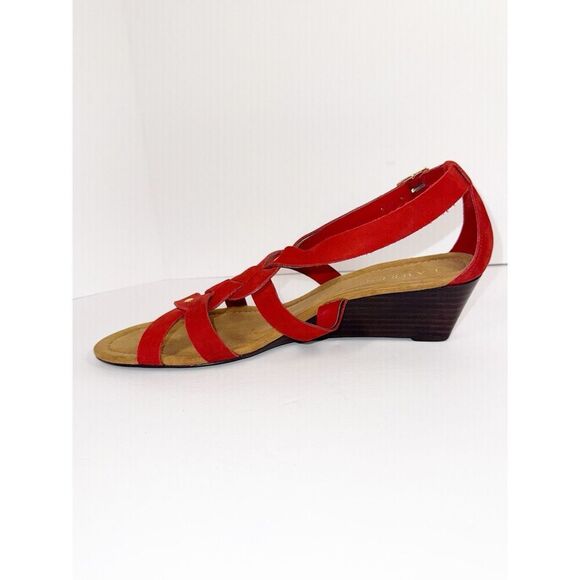 Ralph Lauren Demi Wedge Sandal Red Leather Strappy Gold Buckle Comfort 9.5 B - Picture 16 of 16
